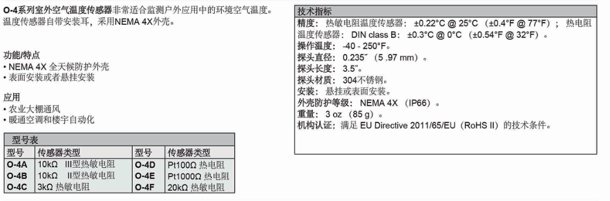 DWYER德威爾 O-4系列 室外空氣溫度傳感器參數