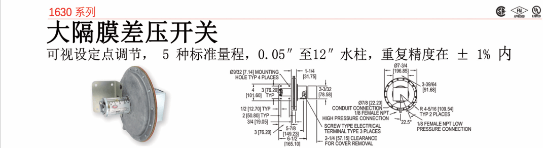 DWYER德威爾 1638系列 大隔膜差壓開關參數